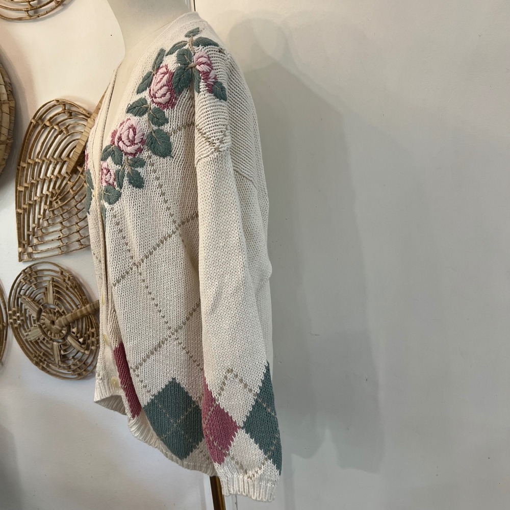 Vintage Venezia Cream Ramie Cotton Embroidered Floral Argyle Cardigan 18/20 - Picture 9 of 10
